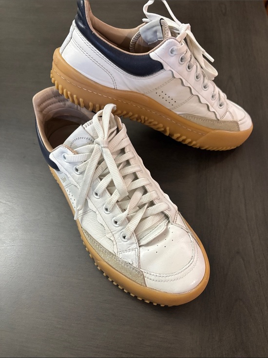 Chloe Shoes - Chloé White Leather Sneakers with Navy Heel and Gum Sole Franckie